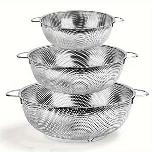 TEMU 3pcs 스테인리스 스틸 컬랜더 세트 - 터보 배수구 & 편안한 그립 핸들 포함 | 파스타, 채소, 쌀, 과일용 | 녹 방지, 식기세척기 안전 | 홈 셰프와 요리 준비를 위한 필수 주방 도구