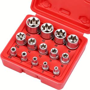 TEMU 14피스 E-Torx 소켓 세트 | 크롬 바나듐 스틸, 열처리 포징, 자동차 수리용 토크 소켓 그룹, 작업 효율 향상 | 레드 플라스틱 케이스