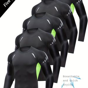 TEMU 남성용 고탄력 습기 제거 긴팔 스포츠 셔츠 5pcs - 통기성, 찢김 방지, 형광 그린 포인트 디자인 - 하이킹, 수영, 사이클링, 트레이닝용 - 사계절 착용 가능한 슬림핏 기계세탁 가능 아웃도어 웨어 | 애슬레틱 스타일 | 습기 제거 원단