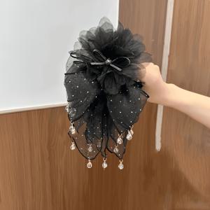 TEMU 1개 우아한 레이스 리본 헤어 클로 클립, 플라스틱 비즈 장식 헤어 액세서리, 로맨틱 레트로 스타일 헤어밴드, 웨딩 파티 데일리 스타일링에 적합 (장식 추가 색상 및 위치 랜덤)