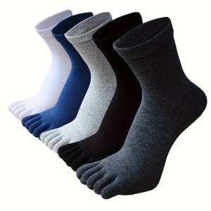 TEMU 남성용 단색 오迈趾 양말 5켤레, 편안하고 통기성 좋은 캐주얼 양말, 봄, 가을, 사계절용