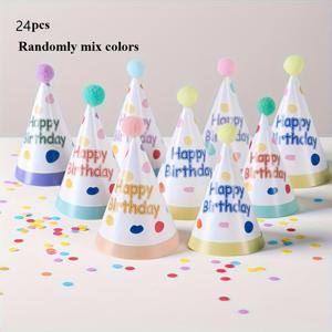 TEMU 마카롱 컬러 파티 모자 24개 - 생일/휴일 기념일/파티 장식용, 랜덤 색상 마카롱 시리즈, 귀여운 콘 디자인의 일회용 종이 생일 모자, 생일 파티 및 가족 모임 장식용
