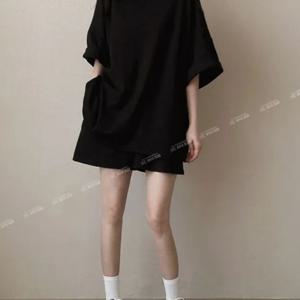 TEMU 면30%함유 한국판 여름 반팔 티셔츠 미디 세트 여성 트레이닝 캐주얼 반바지 솔리드 투피스