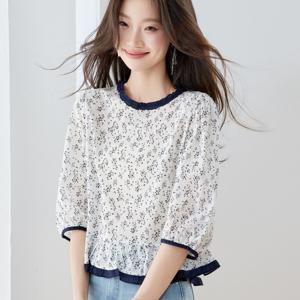 TEMU 2026년 신상 여성용 프렌치 젠틀 스타일 플로럴 셔츠, 귀 엣지 디자인, 7부 소매, 노화 및 슬리밍 효과, 웨스턴 스타일 탑