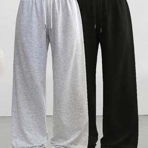 TEMU 2pcs 여성 캐주얼 와이드 레그 트라우저 세트, 탄성 허리 집게 루즈 미드 스트레치 원단, 세탁기 사용 가능, 봄 여름 가을 캐주얼 웨어 운동복 바지, 조깅, 홈 미디엄 탄성 롱 팬츠 올 시즌