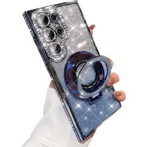 TEMU 휴대폰 케이스 - Galaxy S26 Ultra S26 S26 PLUS S25 S24 S23 S22 S23 PLUS S24 Ultra S25 Ultra 시리즈 호환, 엣지 라인스톤 장식, 그라데이션 글리터 페이퍼, 마그네틱 스탠드 휴대폰 커버, 내장 렌즈 보호 필름