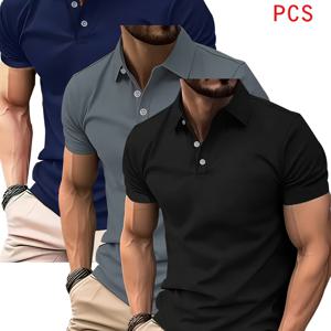 TEMU POLO 셔츠 솔리드 컬러 라펠 3pcs 혼합 세트, 통기성 속건 골프 캐주얼 셔츠, 경량 스트레치 폴리에스터 버튼 디자인, 여름 사무실, 요트 웨어, 데일리 의상에 적합, 앵커 프린트, 편안한 핏 반팔 상의, 액티브 라이프스타일