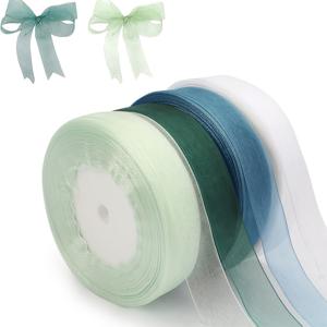 TEMU 45M 새틴 리본 4롤, 폭 20Mm, 화이트, 민트 그린, 그린, 세이지 그린, 투명 오간자 리본, 선물 리본, 선물 포장 장식 리본, 웨딩 장식