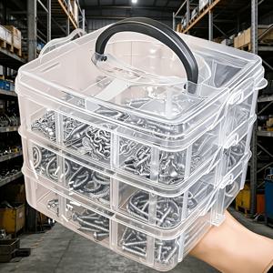 TEMU 뚜껑과 손잡이가 있는 3단 18구 투명 보관함, 스크류, 너트, 볼트 분류 및 보관에 적합한 투명 공구 정리함