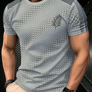 [프린팅 디자인 – 무질감] - 신상 여름 남성용 라이트 그레이 기하학적 체크무늬 깃털 프린트 슬림핏 캐주얼 반팔 티셔츠