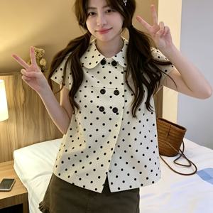 TEMU 2026 봄 신상 스위트 패셔너블 인품 다재다능 더블 브레스트 물방울 무늬 인형 칼라 반팔 셔츠 여성 의류