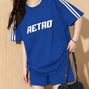 TEMU 청소년용 여름 신상 레터 프린트 스포티 스타일 파자마 세트, 애슬레틱 레저 라운지웨어, 편안한 아우터웨어 스타일 홈웨어 세트