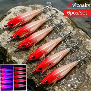 TEMU 6pcs/set AVLCOAKY Luminous Squid Jigs Suitable for Night Fishing with Glow Effect, Horizontal Shrimp Lure Hooks, Glow Baits for ng, Casting, Sea/Freshwater Fishing, Squid Hooks Box Gear