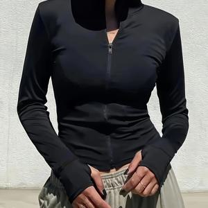 TEMU 여성용 가을 운동 상의 재킷 지퍼 스탠드 칼라 속건성 탄성 겉옷 디자인 단색 야외 스포츠 피트니스 실내 긴팔 요가복 통기성 다용도 전문 운동 라이딩 웨어