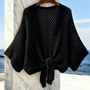 TEMU 여성 니트/여성 가디건, 속이 빈 V넥 타이, 루즈핏 패셔너블, 다기능 섹시 여성 가디건 (휴가 및 레저용), 패셔너블하고 다재다능함