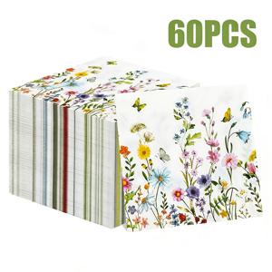 TEMU 60/100개 팩 야생화 일회용 냅킨, 결혼식, 파티, 샤워에 적합 - 봄 나비 테이블 장식, 이중 레이어 시트, 이벤트, 레스토랑용 종이, 우아함