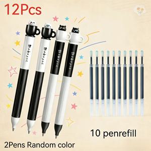 TEMU 12개 세트 (펜 2개 랜덤 + 리필 10개) 티 캣 회전형 중성 펜, 아이디어 포켓 펜, 0.5mm 속건성 블랙 펜, 외관 좋고 가성비 좋은 문구류, 사무실에 적합