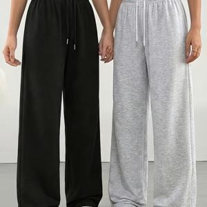 TEMU 2pcs 여성 캐주얼 와이드 레그 트라우저 세트, 탄성 허리 집어넣는 루즈한 중간 신축성 원단, 세탁기 사용 가능, 봄 여름 가을 캐주얼 웨어 운동복 바지, 조깅, 홈웨어