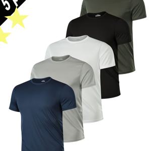 5개 남성용 빠른 건조 크루 넥 티셔츠 - 부드럽고 편안한 폴리에스테르, 캐주얼 및 아웃도어용 단색, 레귤러 핏, 반팔