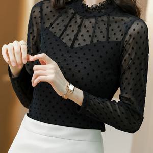 여성용 메쉬 베이스 레이어 탑, 사계절 슬림 핏, 우아하고 다재다능한 최신 스타일 폴카 도트 플로킹, 스타일리시하고 예쁜 블라우스