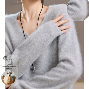 TEMU 2025년 가을 겨울 신상 여성용 V넥, 캐시미어 및 울, 캐시미어 함유, 브러시드 울 스웨터, 브러시드 캐시미어 스웨터와 같은 플러시 느낌, 패셔너블, 다용도, 우아하고 따뜻하며 착용하기 좋은, 매우 부드럽고 섬세한 편안함