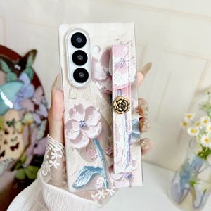 TEMU 삼성 Z 폴드 7용 엠보싱 수채화 동백꽃 손목 스트랩 풀커버 낙하 방지 휴대폰 케이스