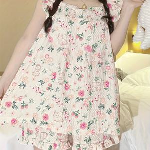 TEMU 여성용 봄 여름 귀여운 토끼와 꽃무늬 텍스처 캐주얼 파자마 세트 2pcs, 연꽃잎 소매 스퀘어 칼라 탑과 스트레치 쇼츠, 홈웨어, 2피스 파자마 세트