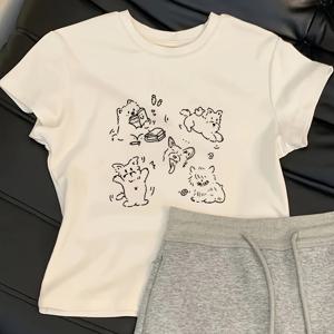 TEMU 여성용 귀여운 강아지 그래픽 티셔츠 - 부드럽고 신축성 있는 화이트 티, 재미있는 개 프린트, 캐주얼 일상 및 파티 의상 - 애완동물 애호가를 위한 여성 의류, 여름 패션, 라운드 넥라인 탑, 편안한 핏 셔츠, 봄 옷장, 반팔 상의, 통기성 소재, 프린트 탑, 여성 패션