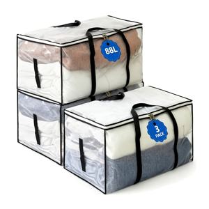 TEMU 3개 묶음, 88L 이사 가방, 투명 접이식 수납 상자, 강화 PVC 재질, 옷, 다운 퀼트, 린넨 보관용, 강화 손잡이, 이중 금속 지퍼