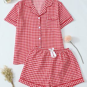 TEMU 여성 여름 체크 프린트 홈웨어 세트, 반팔 칼라 셔츠 및 리본 반바지, 부드러운 홈 슬립웨어