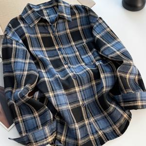 TEMU 여성용 봄가을 긴소매 루즈 체크 셔츠 자켓, 고급스러운 다용도 아메리칸 캐주얼 빈티지 블루 신상 아우터웨어