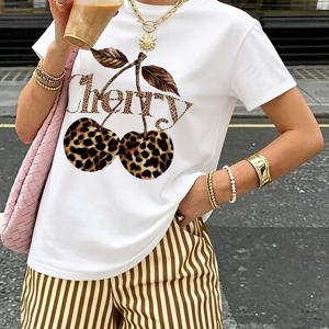체리 프린트 티셔츠, 패셔너블한 여성용 반팔 탑