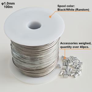1롤, 100미터 길이, 0.8mm/1.0mm 와이어 직경, 304 스테인리스 스틸 와이어 로프 케이블, 강도와 내구성을 위한 7x7 가닥 편조 구조—스트링 조명/사진 액자/그림 걸이, 공예용으로 적합. 와이어 로프 스풀 색상은 랜덤: 흰색/검정색