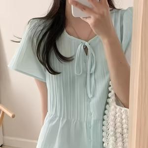 여성용 프렌치 스타일 블ouses, 새로운 여름 패셔너블 타이 넥 라운드 칼라 반팔 셔츠, 스타일리시하고 달콤한 러플 장식 블라우스
