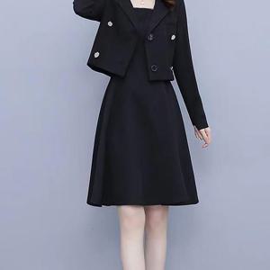 TEMU 여성 봄가을 얇은 원피스 정장 세트 긴팔 나시 솔리드 버튼 슬림핏 심플 코트 통근 슬림소녀