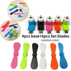 TEMU 베이스 4개 + 블레이드 6개, 랜덤 색상, 미니 USB 휴대폰 선풍기, 휴대용 저소음 개인용 선풍기, 창의적인 탁상용/야외용/사무실용 냉각 가젯, Type-C 휴대폰 포트와 호환, 다양한 상황에 적합, 야외 캠핑 자동차 여행용
