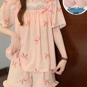 TEMU 2pcs 세트 M-2XL 사이즈 여성 여름 의류 신상 프레쉬 반바지 잠옷 여성 얇은 반팔 패딩 princess 스타일 반팔 여성 슈트 스위트 귀여운 스타일 여성 슈트 외출용 홈웨어