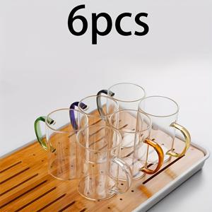 TEMU 6개입 고탄소 유리 컬러 핸들 컵, 10.14Oz, 내열 및 내냉성, 가정용 물컵, 가정, 사무실, 차, 커피, 우유에 적합, 단일 벽 컵