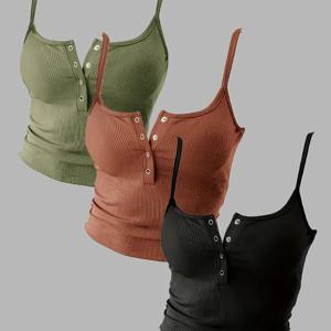 TEMU 여성용 우아하고 섹시한 고급 맞춤형 캐미솔 TK 3피스 세트, 얇은 스트랩 버튼 슬림핏 탱크탑, 쇼핑, 데이트, 해변 휴가, 휴가 파티, 집에서나 외출 시 다용도 일상복 HW915