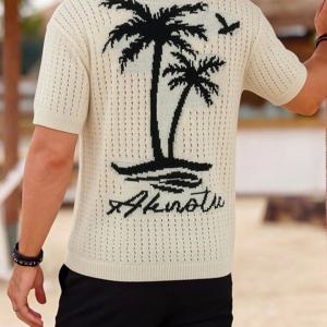 TEMU 여름 할로우 아웃 시어 니트 캐주얼 스포츠 스트리트 스타일 코코넛 나무 패턴 할로우 아웃 시어 편안하고 부드러운 통기성 원단 라펠 갈매기 칼라 남성용 버튼업 상의 남성 저지 남성 셔츠