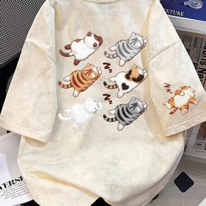 TEMU 남녀공용 부드러운 고양이 프린트 タイダイ 티셔츠 - 루즈핏 반팔 라운드넥 아기 고양이 디자인 캐주얼 상의, 기계 세탁 가능, 봄/여름 의상, 캐주얼 복장, 파티, 피크닉에 적합 - 다용도 블라우스 스타일