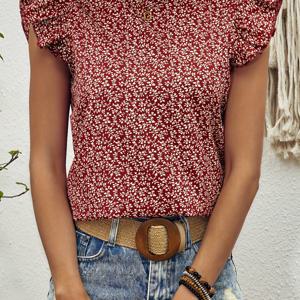 봄과 여름을 위한 우아한 프릴 소매 상의, 꽃무늬 크루 넥 블라우스, 여성 의류