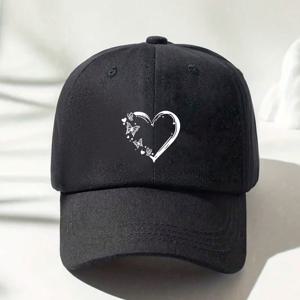 TEMU 여성용 통기성 조절식 야구 모자 1개, 하트 & 나비 프린트 - 해변, 여행, 휴가, 캐주얼웨어에 적합한 경량 아웃도어 썬햇 - 세탁기 사용 가능 디지털 프린트 모자