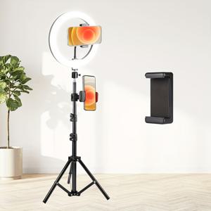 TEMU 10인치 LED 셀카 링 라이트 키트 (높이 조절 삼각대 및 듀얼 휴대폰 홀더 포함) - 3가지 색상 모드, 12단계 밝기 조절, 메이크업, 사진, 비디오 촬영에 적합