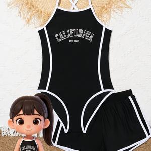 TEMU 새로운 패셔너블한 여아용 스포츠 수영복 1개, 학생용, 여행용, 온천용, 휴가용, 2개 세트