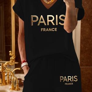2개입 두꺼운 크리에이티브 골든 레터 PARIS 프린트 Y2K 스타일 캐주얼 엘레강스 여성 스포츠웨어 여름 의상 (블랙, 베이지, 핑크 색상), 편안하고 통기성이 좋으며 V넥 반팔 및 반바지 세트