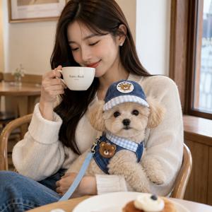 TEMU 여름 애견 옷 세트 강아지 고양이 공용 데님 조끼 하네스 리드줄 캡모자 산책 세트
