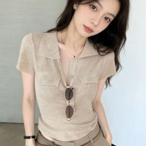 TEMU 올드 머니 스타일 품격 있는 여성용 V넥 반팔 티셔츠 2026 여름 신상 슬림 폴로 셔츠 숄더 탑