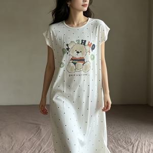 TEMU 여성용 신상 여름 반팔 나이트가운, 루즈핏 얇은 파자마, 크루넥, 곰돌이 패턴, 캐주얼 라운지웨어 나이트드레스