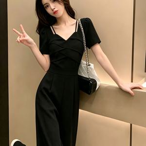 TEMU 여성용 여름 블랙 브이넥 허리 조임 오프숄더 반팔 스트레이트핏 점프수트